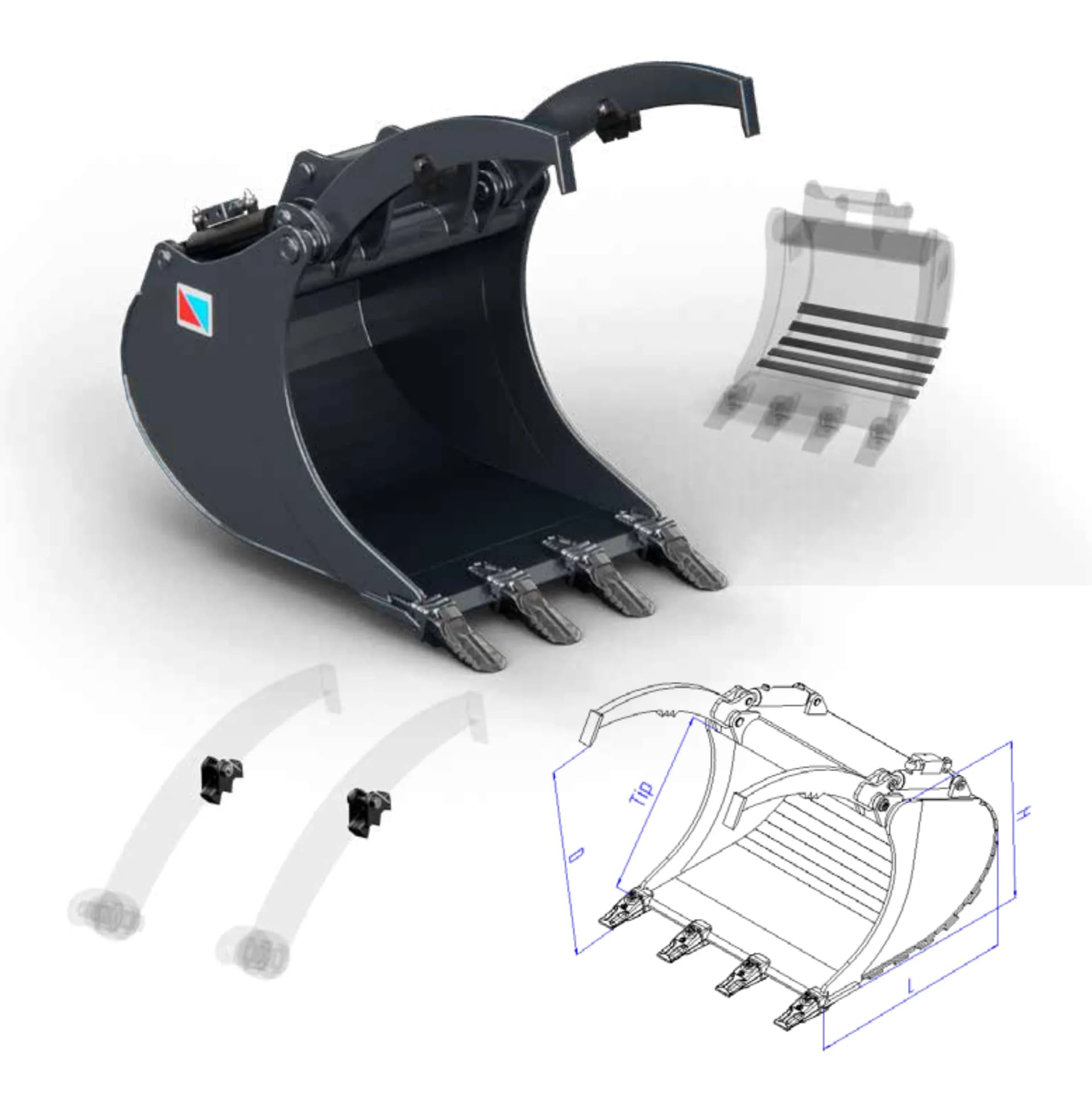 CB mini - hydraulische bak met klem voor minigraver van voren, met de constructiedetails