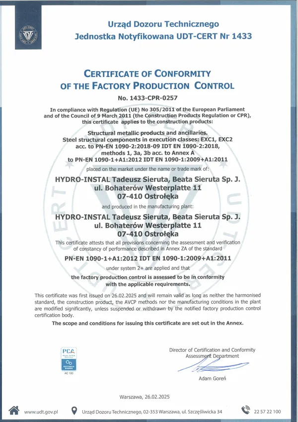 Certificato EN 1090-1 EXC1 + EXC2 n. 1433-CPR-0257, rilasciato da UDT-CERT