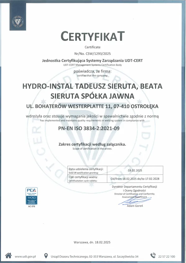 Certificato EN ISO 3834-2 n. CSW/1293/2025, rilasciato da UDT-CERT